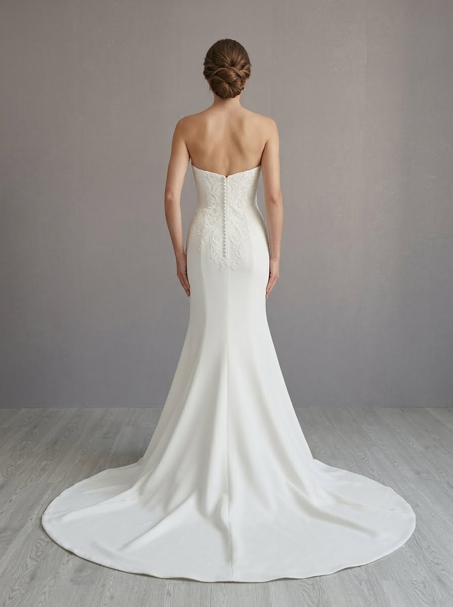 Charlotte strapless sleek matte satin fit and flare Wedding Dress by Kc Couture at Precious Memories, Malden bak view