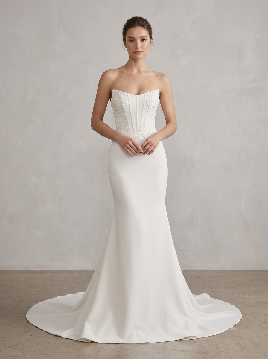 Charlotte strapless sleek matte satin fit and flare Wedding Dress by Kc Couture at Precious Memories, Malden