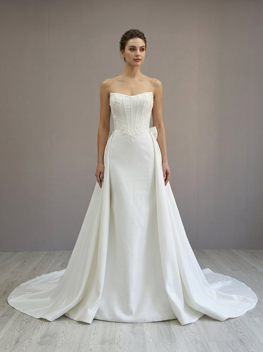Charlotte strapless sleek matte satin fit and flare Wedding Dress by Kc Couture at Precious Memories, Malden with detachable skirt