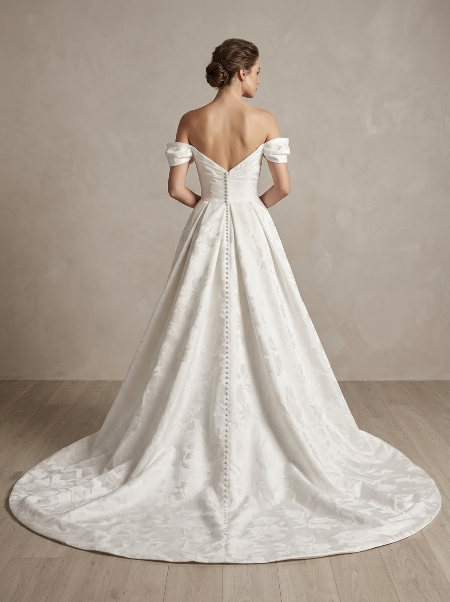 Clara off the shoulder Sweetheart Satin a-line Wedding Dress by Kc Couture at Precious Memories, Malden back view
