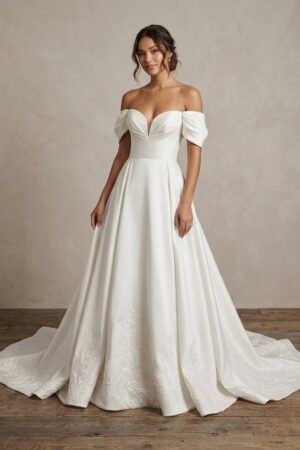 Clara off the shoulder Sweetheart Satin a-line Wedding Dress by Kc Couture at Precious Memories, Malden