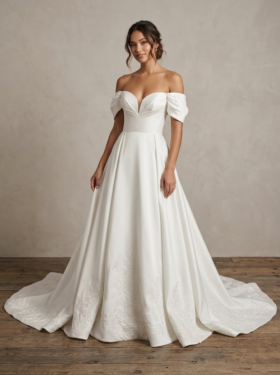 Clara off the shoulder Sweetheart Satin a-line Wedding Dress by Kc Couture at Precious Memories, Malden