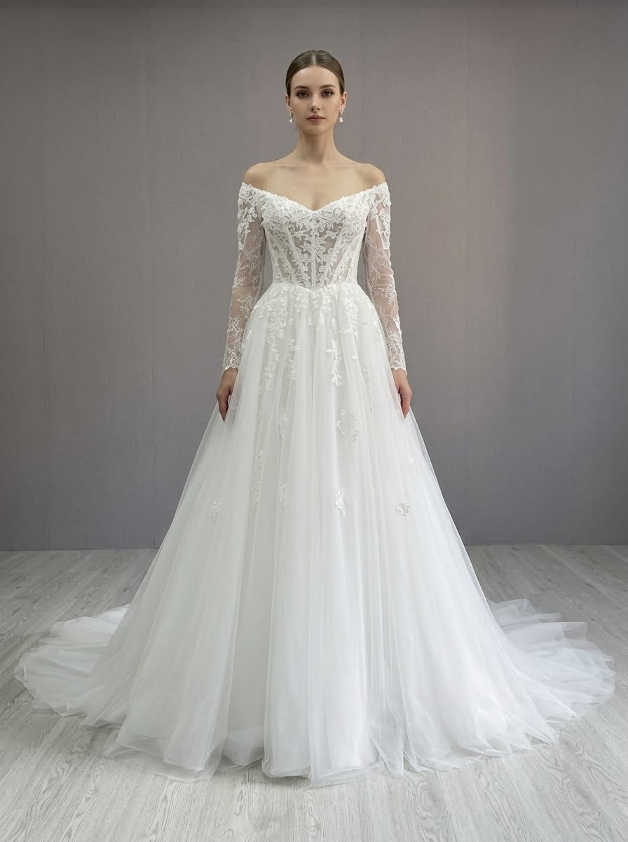 Cynthia off the shoulder long sleeve lace bodiced Wedding Dress with toule full skirt by Kc Couture at Precious Memories, Malden