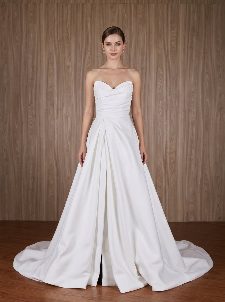 Eve matte satin strapless sweetheart neckline Wedding Dress by Kc Couture at Precious Memories, Malden