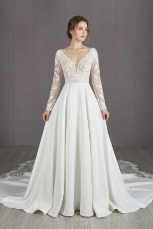 Nora wedding dress from KC Couture Collection front view with sleeves